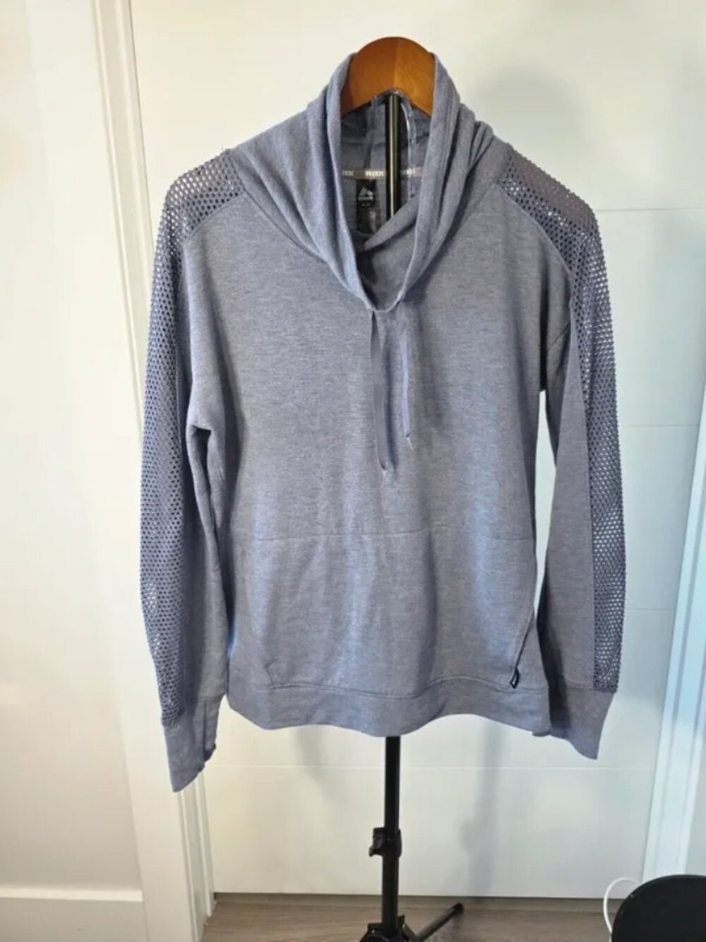 RBX. Cotton-blend activewear pullover, RBX cowl neck hoodie with mesh shoulder d